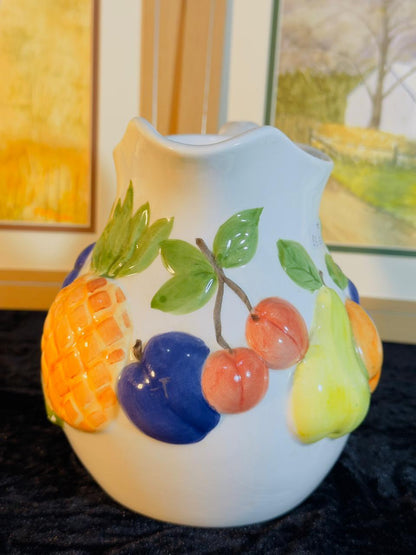 Vintage Ceramic Pitcher - 3D Embossed Fruit Design | Hand-Painted Grapes, Pear & Pineapple