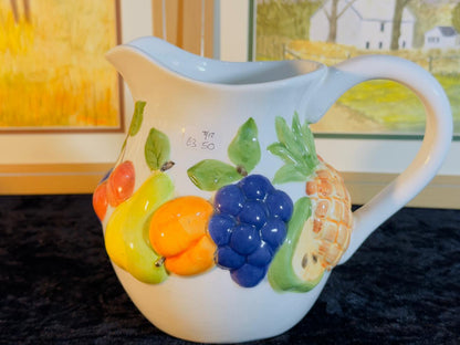 Vintage Ceramic Pitcher - 3D Embossed Fruit Design | Hand-Painted Grapes, Pear & Pineapple