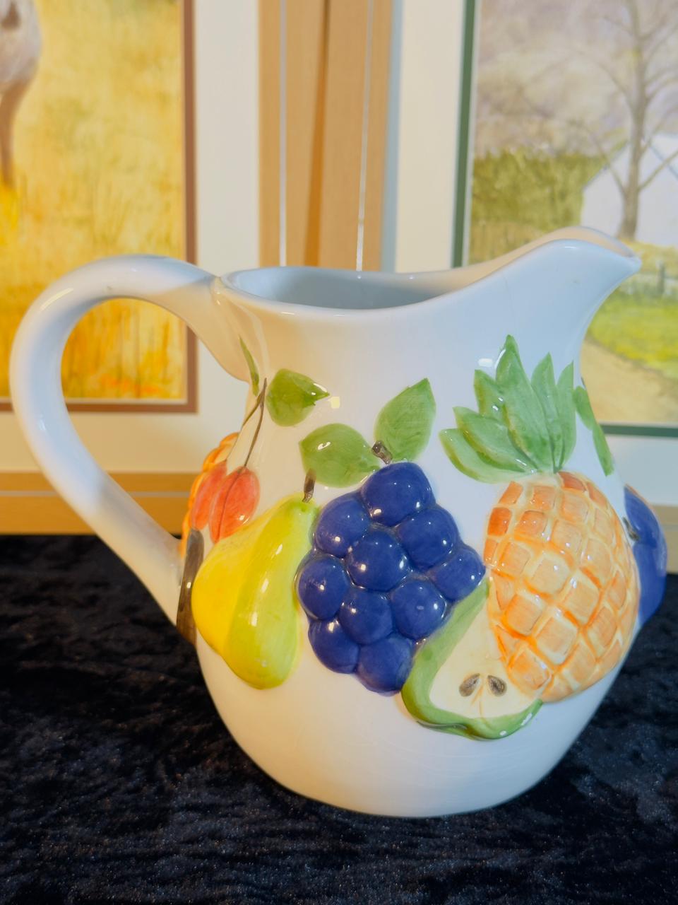 Vintage Ceramic Pitcher - 3D Embossed Fruit Design | Hand-Painted Grapes, Pear & Pineapple