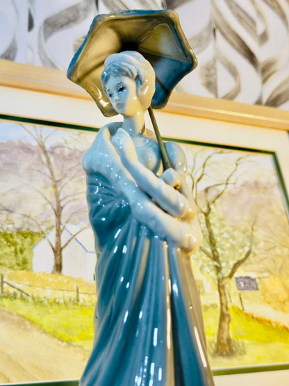 Vintage Ceramic Lady Figurine with Umbrella - Art Deco Style Blue Gradient